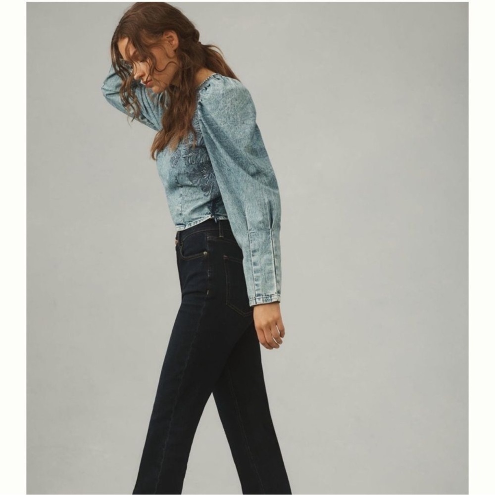 Pilcro Blue Embroidered Puff-Sleeve Denim Crop Top - Picture 2 of 16